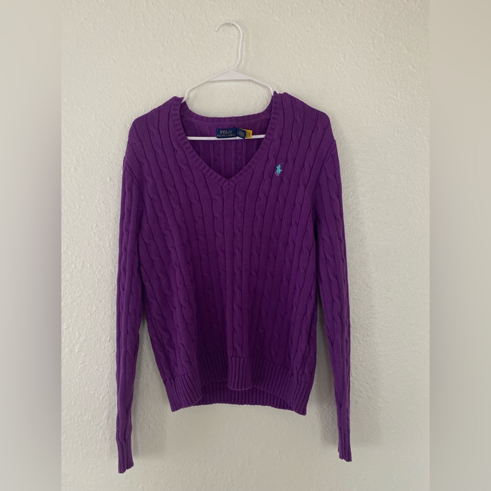 Polo Ralph Lauren Purple V-Neck Cable Knit Sweater - Picture 3 of 5